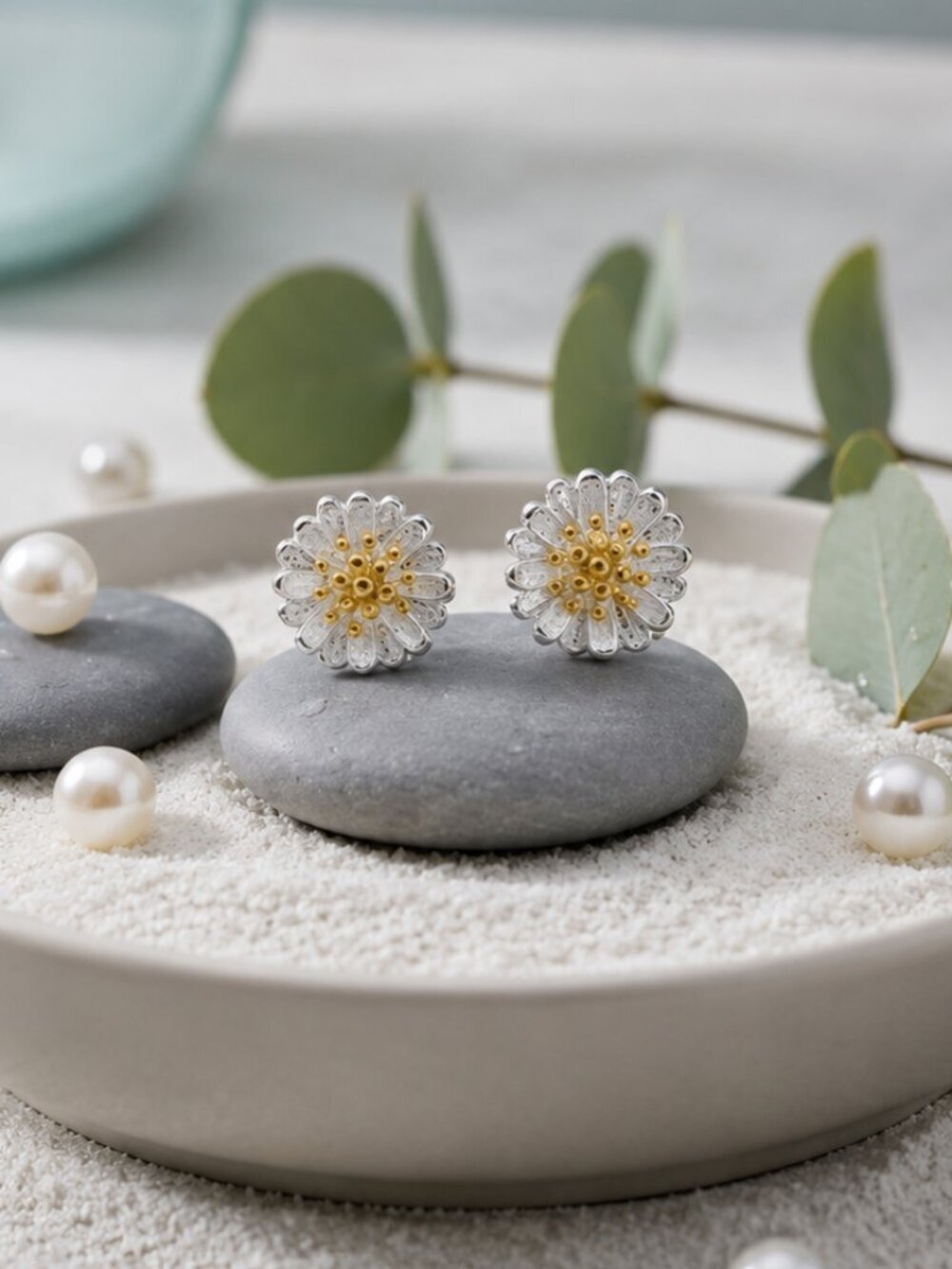 Sterling Silver Daisy Stud Earrings S925 Gold Center Flower Dainty Cottagecore